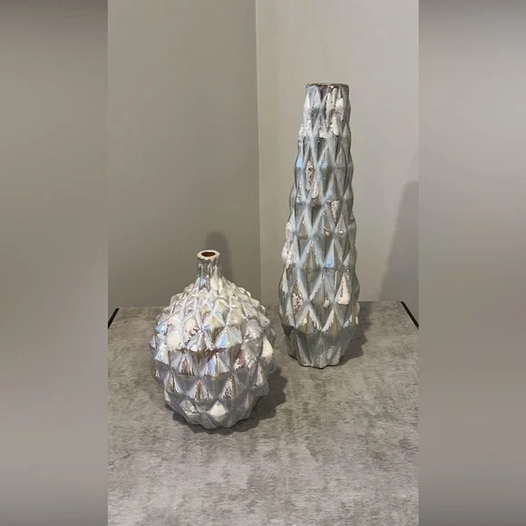 Pier 1 Silver and White Textured Vase Set - Picture 1 of 3
